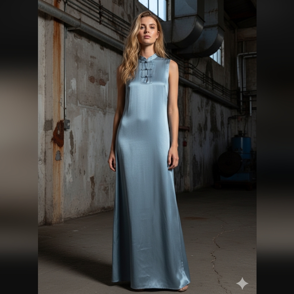 NWT REFORMATION | Cheongsam Knots Silk High Neck Dress Small Icy Light Blue
